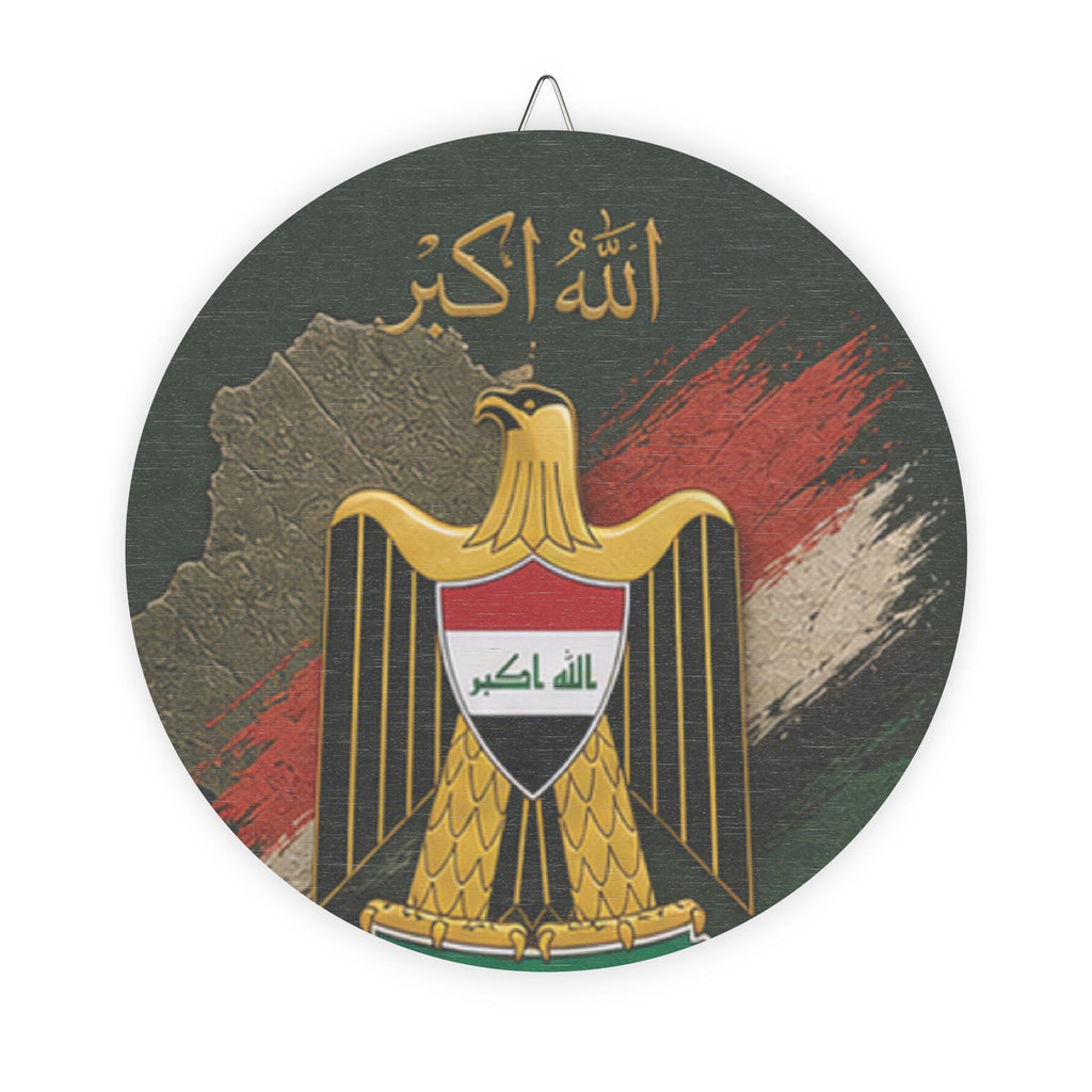Iraq Flag Round Wood Sign — Eagle Emblem Home Wall Decor