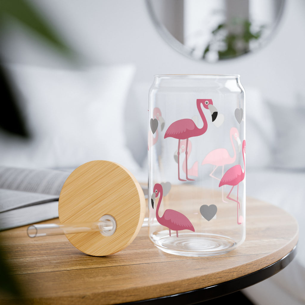 Flamingo Hearts Sipper Glass — 16oz Reusable Straw Tumbler