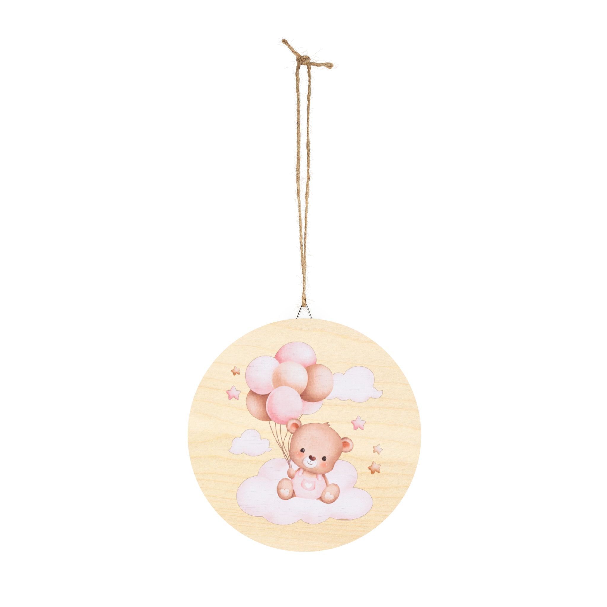 Round Wooden Nursery Sign — Pink Teddy Bear on Cloud with Balloons