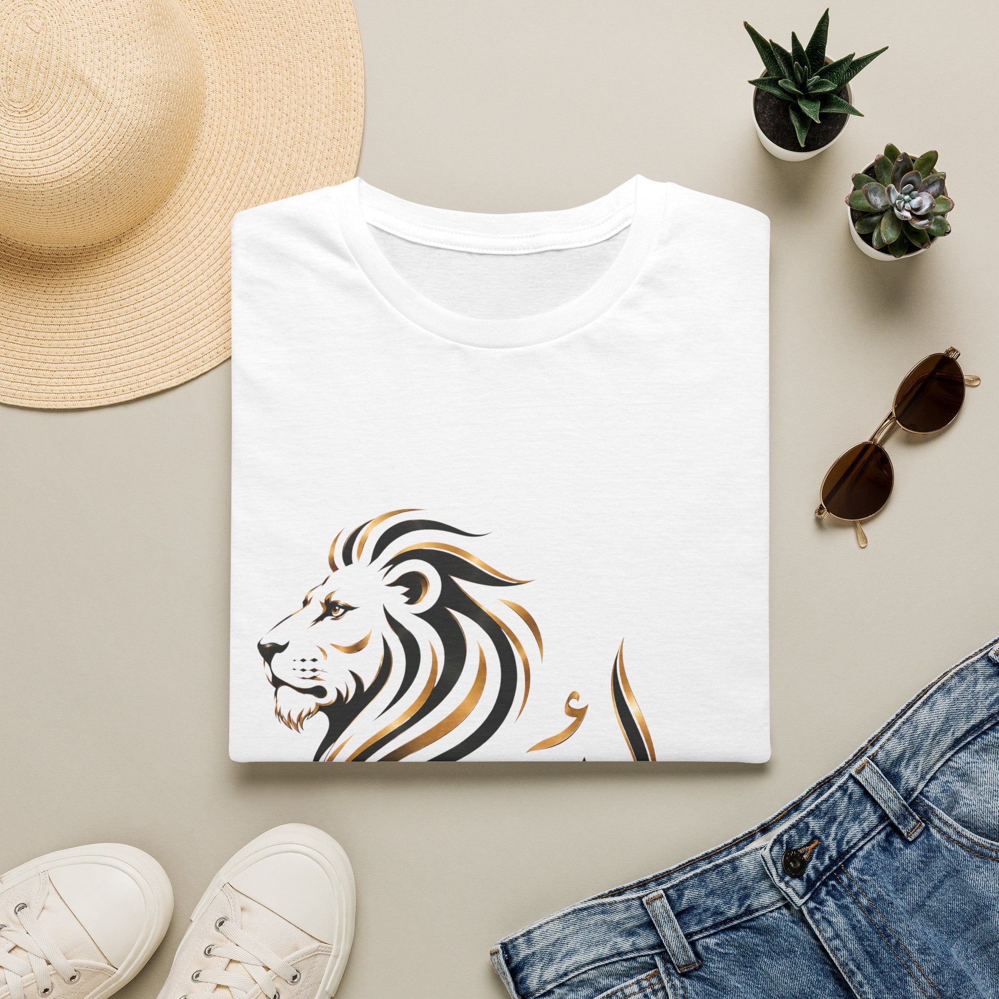 Lion Silhouette T-Shirt — Arabic Name 'Abdullah' Calligraphy