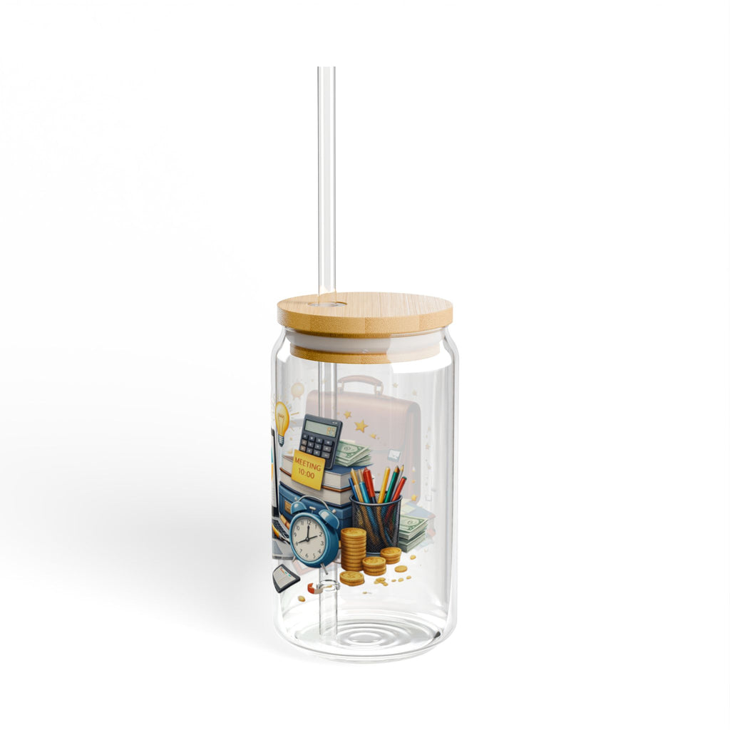 Office Hustle 16oz Sipper Glass — Work Desk Coffee & Productivity Design
