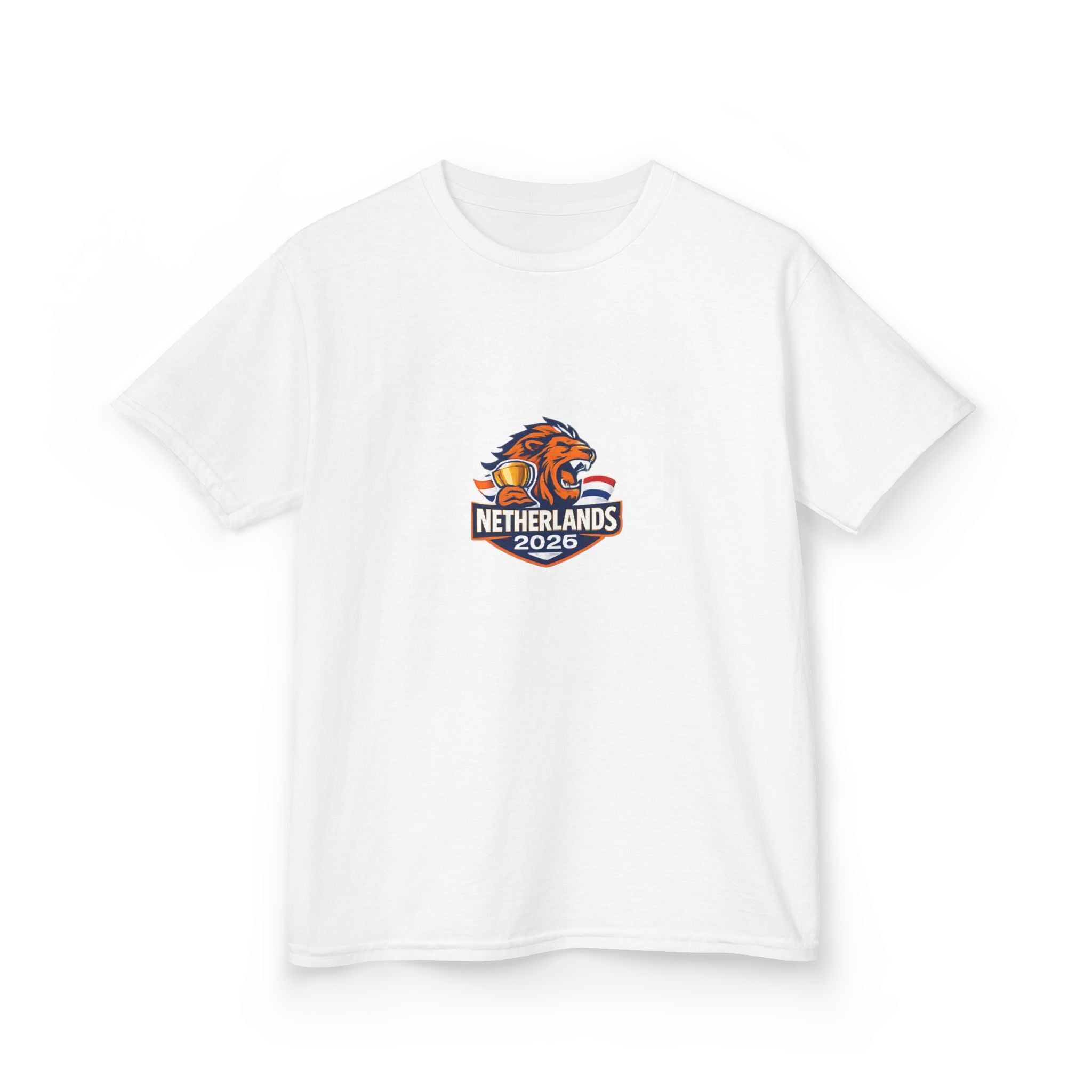Netherlands Kids T-Shirt — Netherlands 2026 Lion Crest with Dutch Flag Back