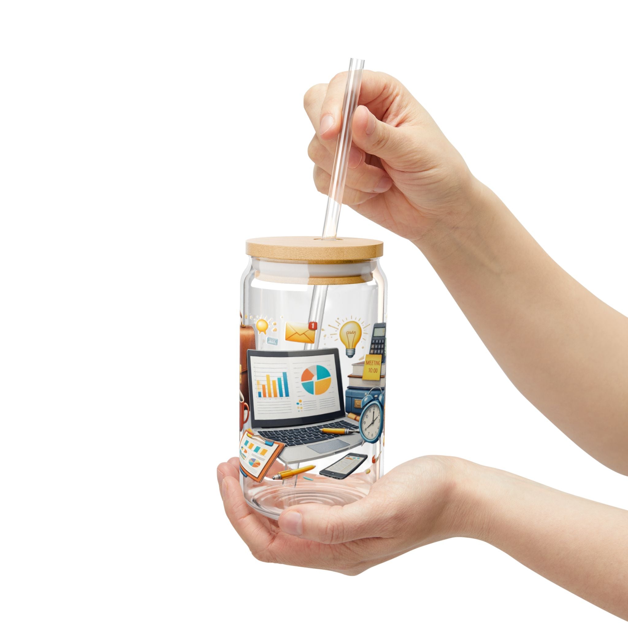 Office Hustle 16oz Sipper Glass — Work Desk Coffee & Productivity Design