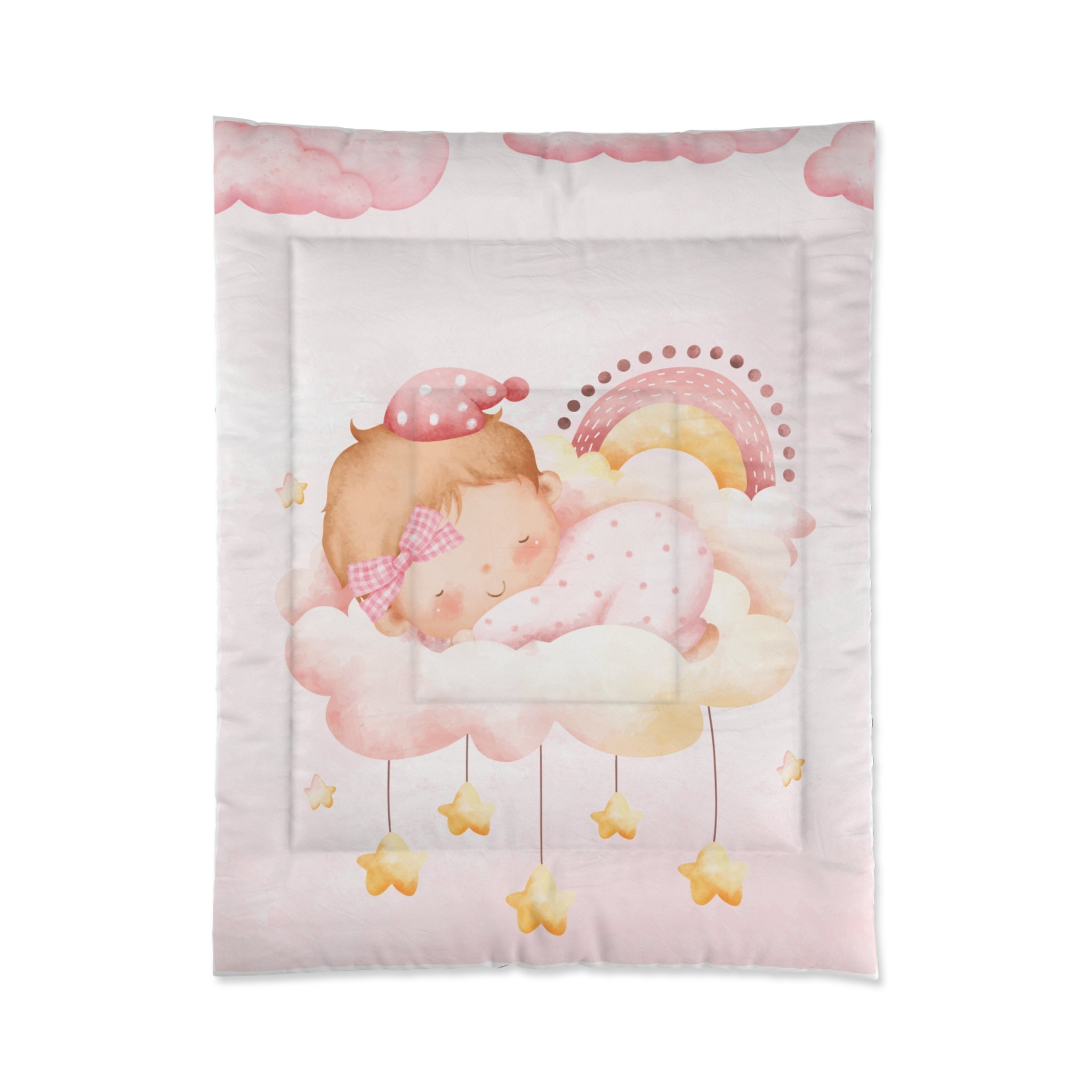 Baby Girl Sleepy Cloud Comforter – Pink Nursery Blanket with Sleeping Baby, Rainbow & Stars