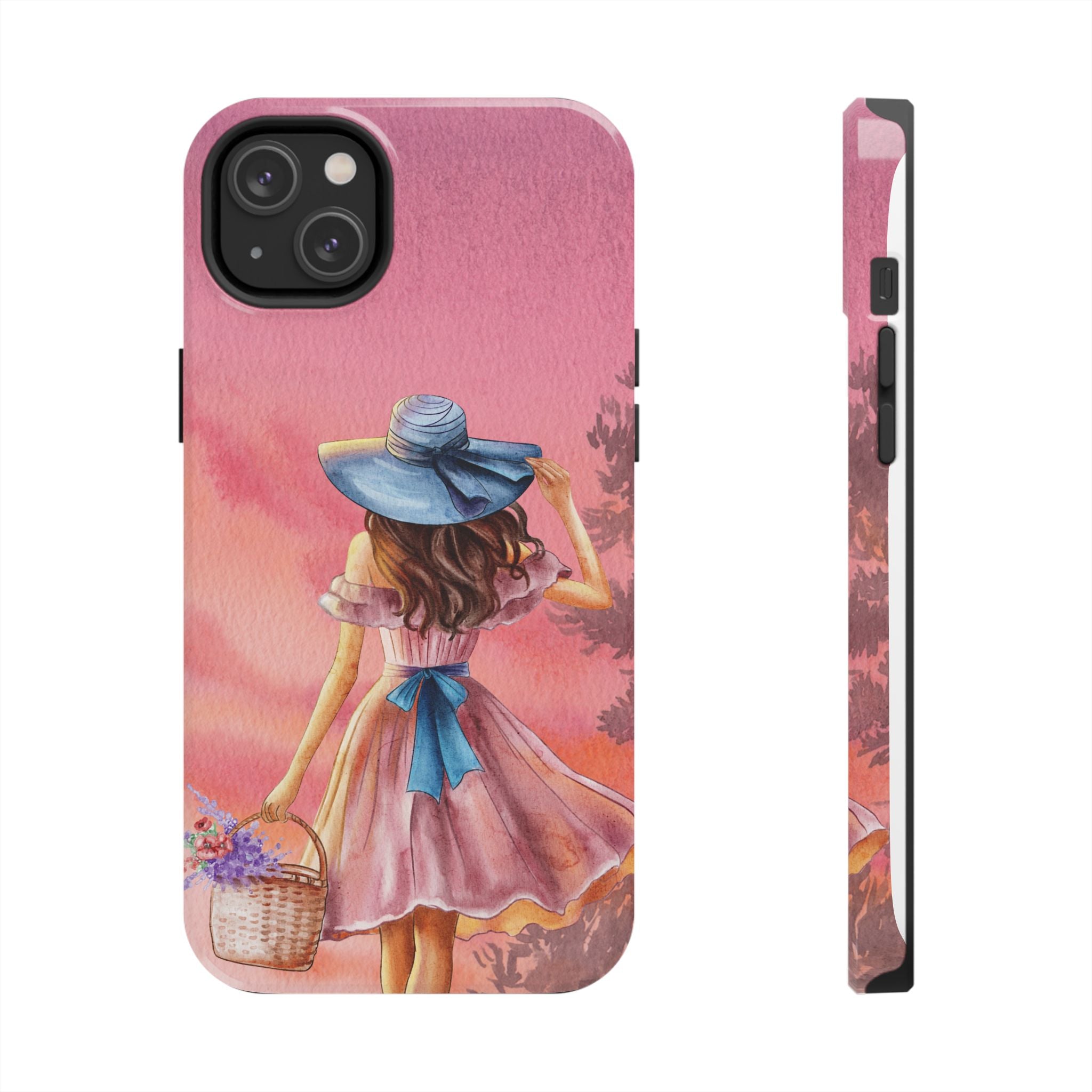 Pastel Picnic Girl Phone Case — Protective Tough Phone Case with Watercolor Sunset Design