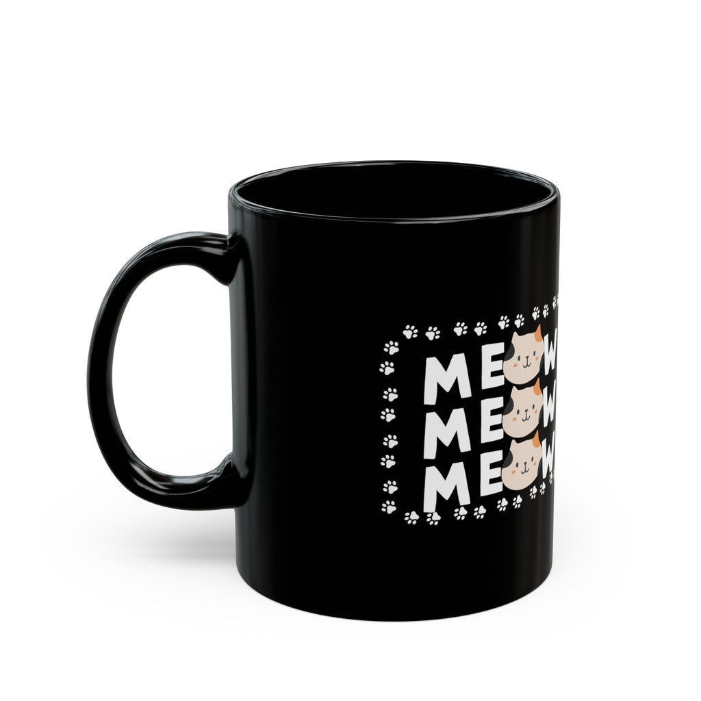 Meow Cat Mug — Black Ceramic Coffee Cup with Cute Cat Faces & Paw Print Pattern