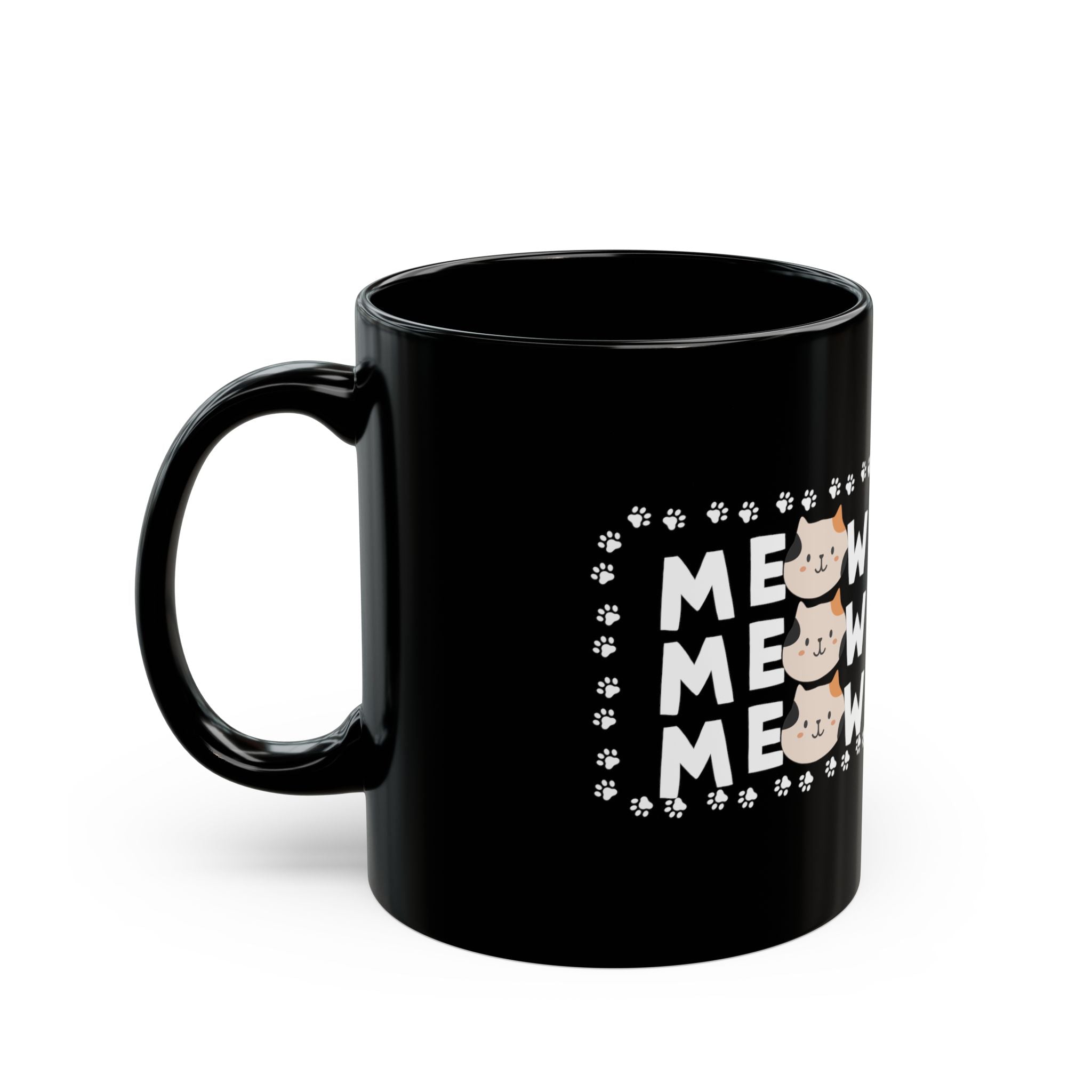 Meow Cat Mug — Black Ceramic Coffee Cup with Cute Cat Faces & Paw Print Pattern