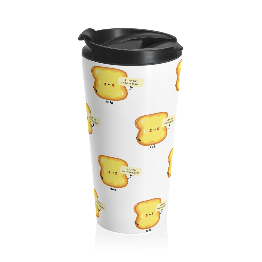 Cute Toast Stainless Steel Travel Mug — Kawaii Bread Pattern, "I Love You A Lottle" Coffee Tumbler