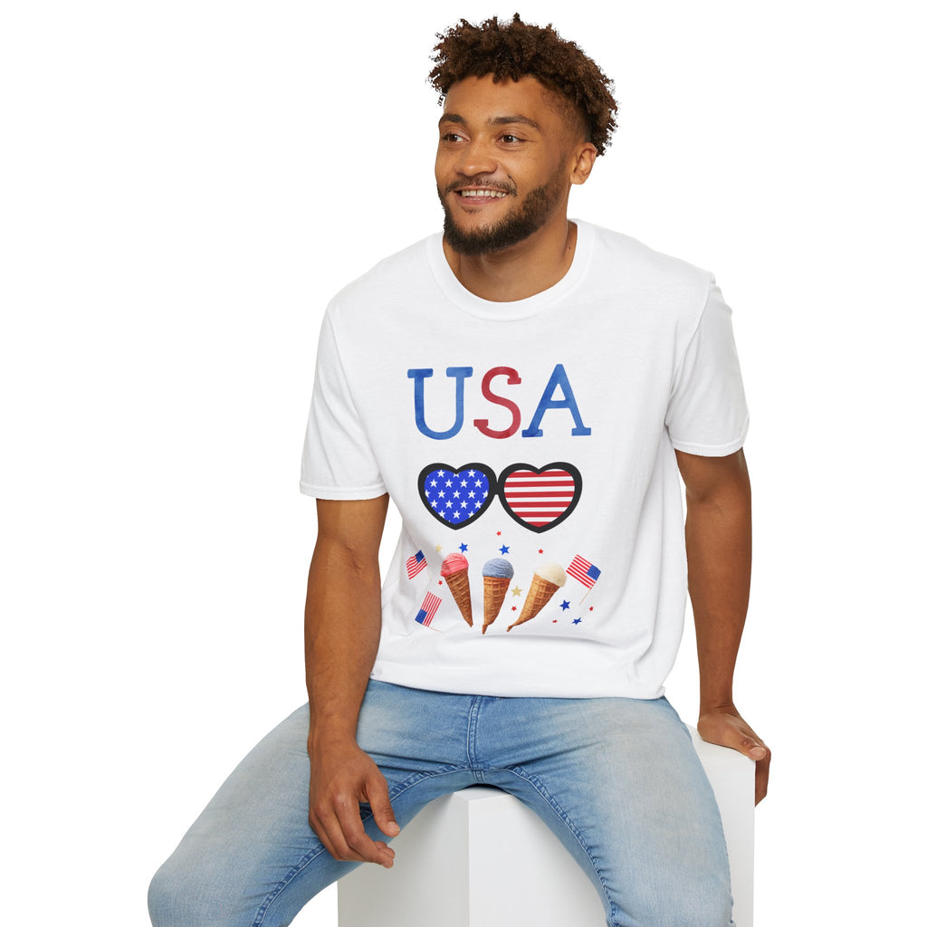 USA Heart Sunglasses & Patriotic Ice Cream T-Shirt — 4th of July Independence Day Tee