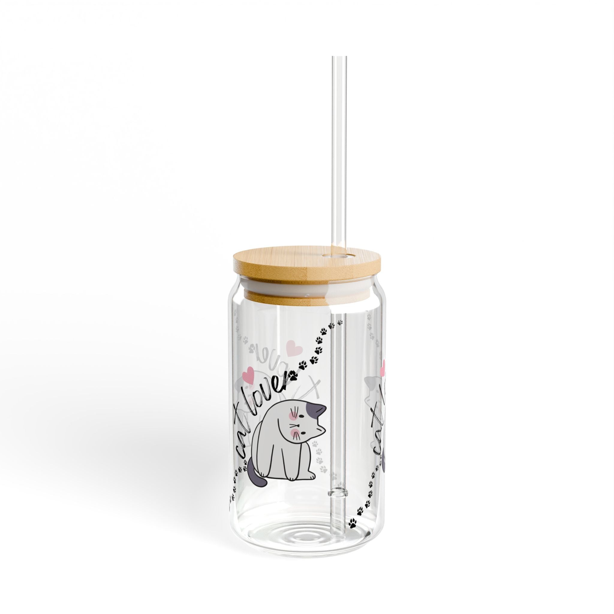 Cat Lover 16oz Glass Sipper with Bamboo Lid & Straw