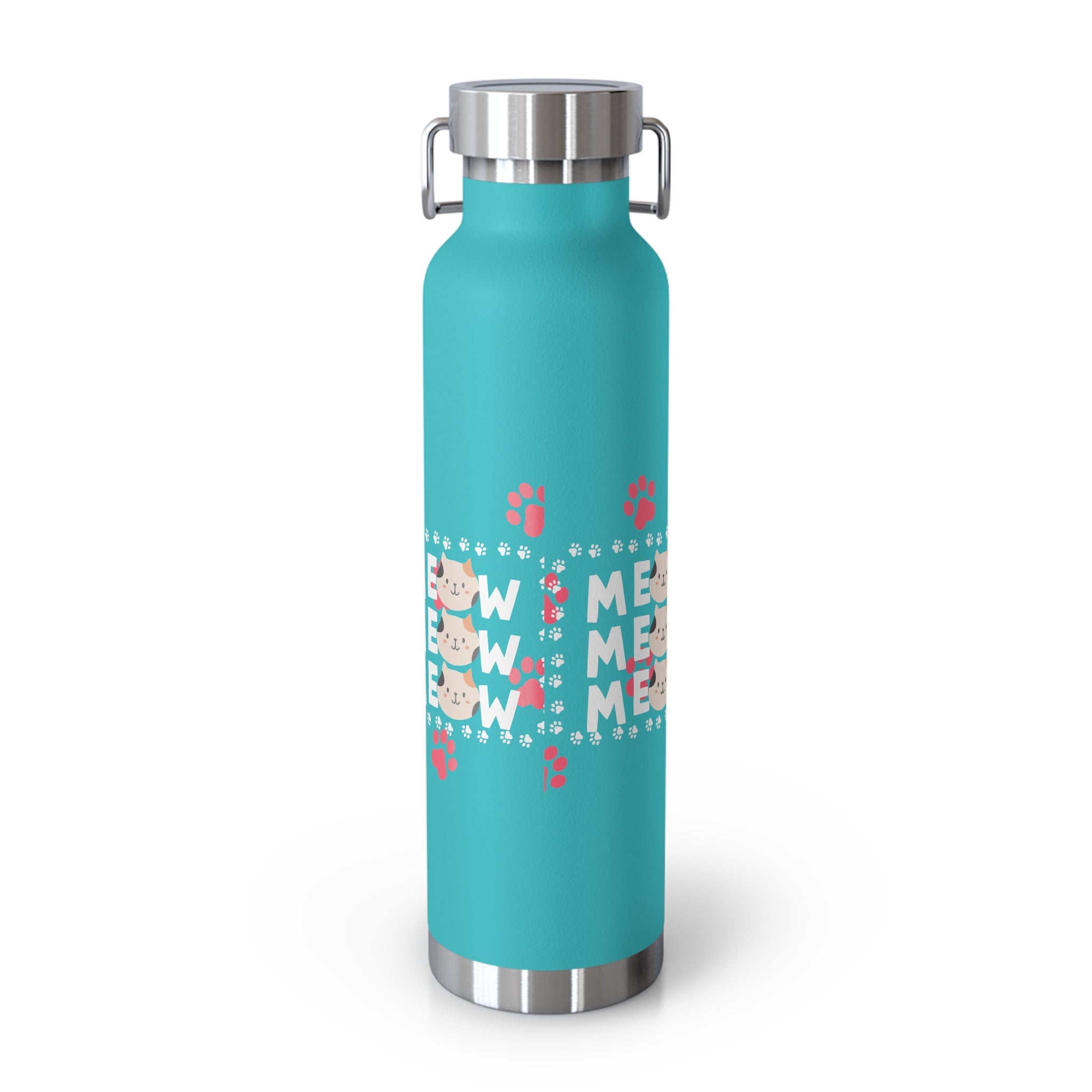 22oz Insulated Bottle — Red 'MEOW' Cute Cat Paw Print Design