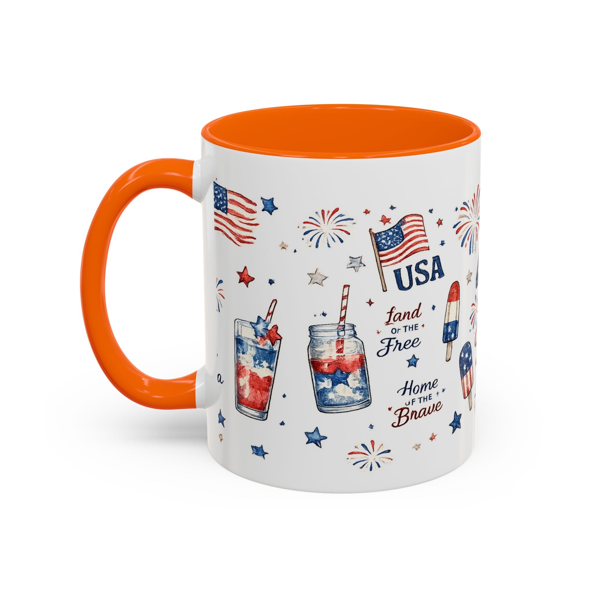 4th of July Accent Coffee Mug — Patriotic Fireworks & God Bless America Design (11oz)