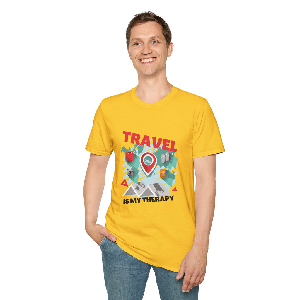Travel Is My Therapy T-Shirt — Wanderlust Map Tee for Travelers & Adventure Lovers