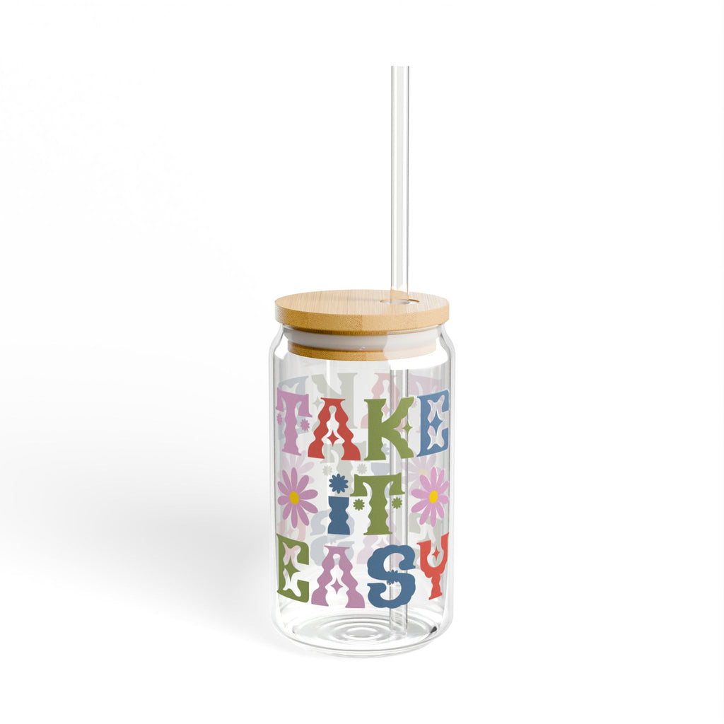 Take It Easy 16oz Glass Sipper with Straw — Retro Floral Typography