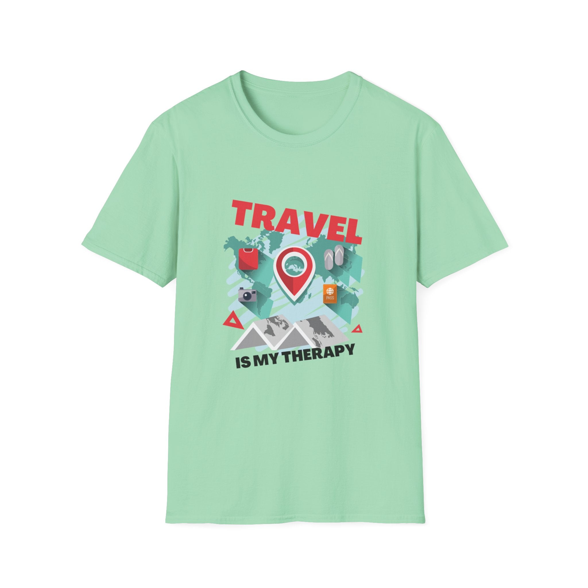 Travel Is My Therapy T-Shirt — Wanderlust Map Tee for Travelers & Adventure Lovers