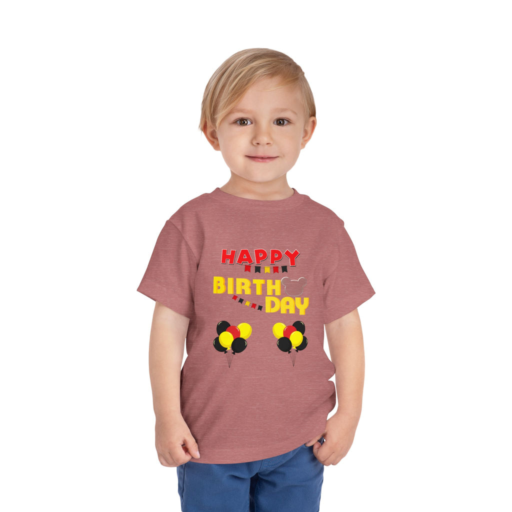 Toddler Tee — 'Happy Birthday' Balloon Party Shirt (Mickey-Style Colors)