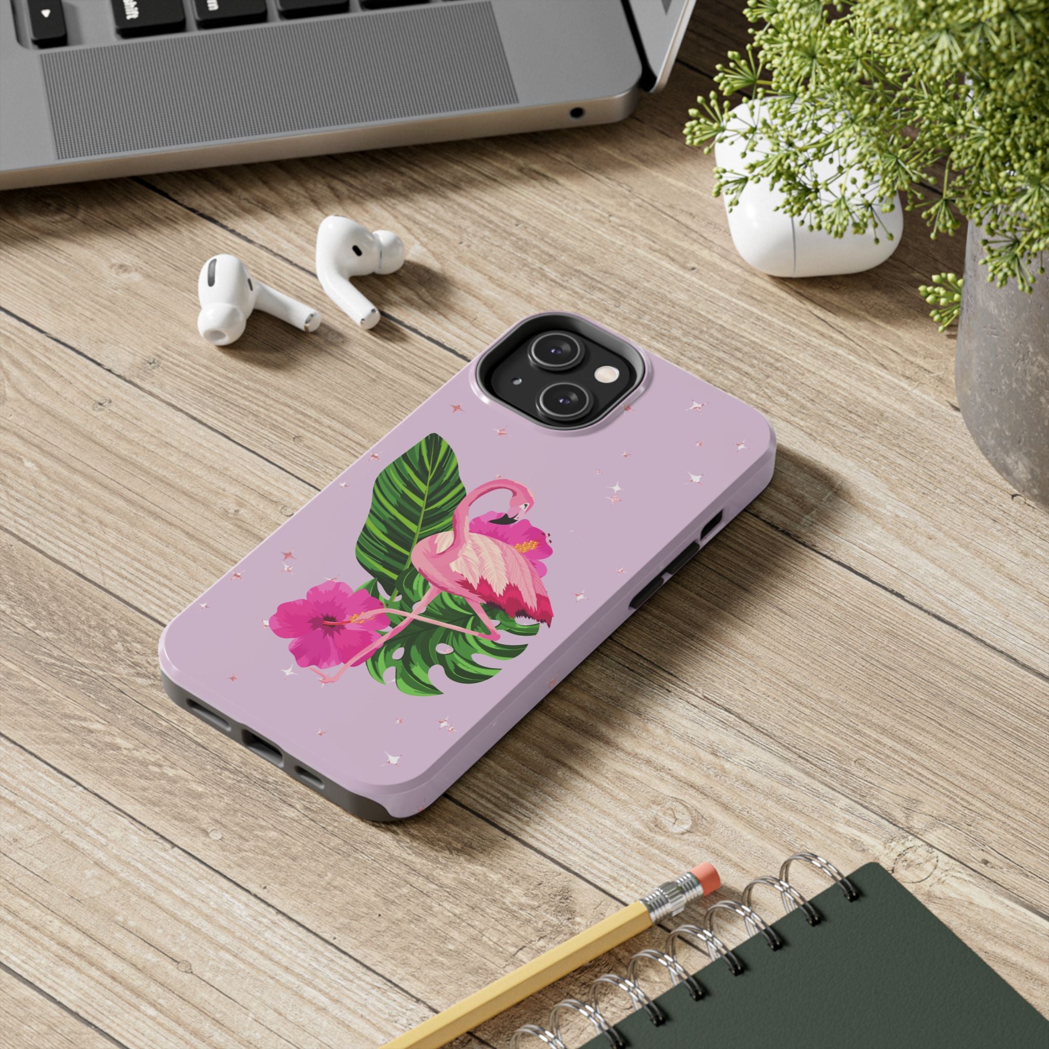 Flamingo Tropical Tough Phone Case — Pink Hibiscus & Palm Leaves