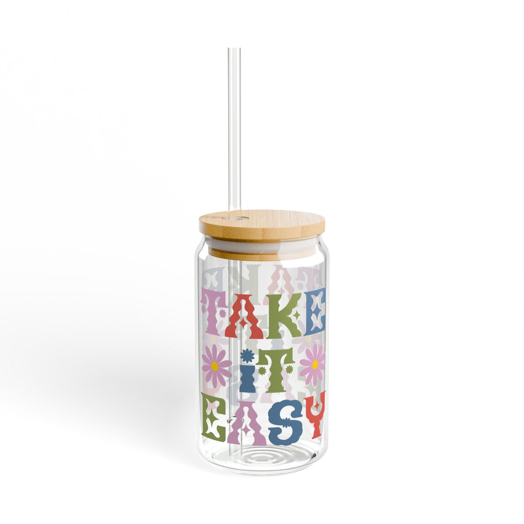 Take It Easy 16oz Glass Sipper with Straw — Retro Floral Typography