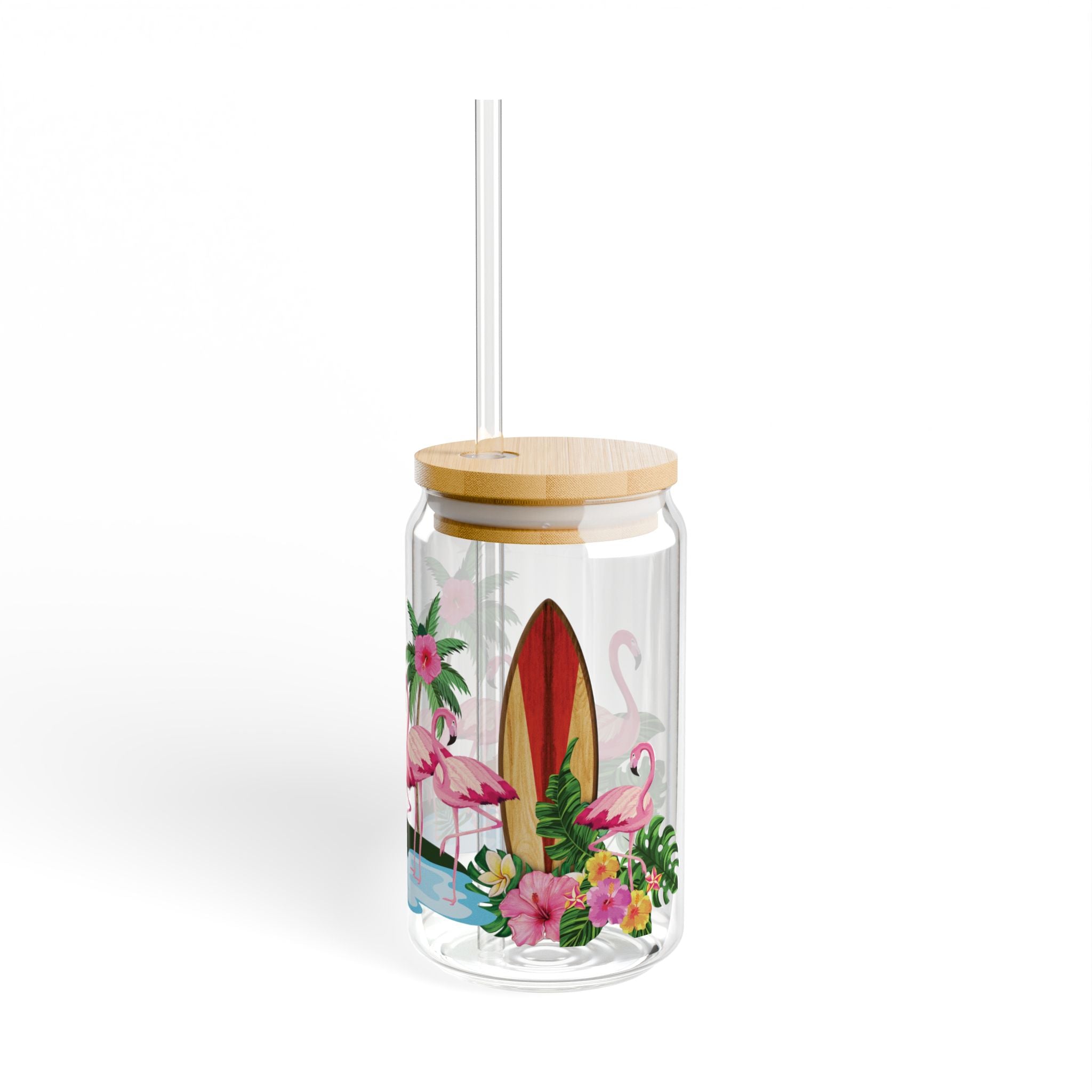Flamingo Beach Sipper Glass — 16oz Tropical Drink Jar with Straw