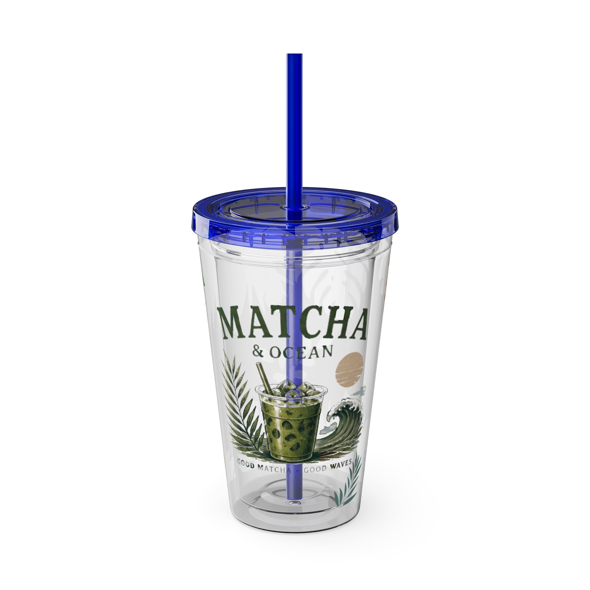 Matcha & Ocean 16oz Tumbler with Straw — Tropical Leaf Sunsplash Design