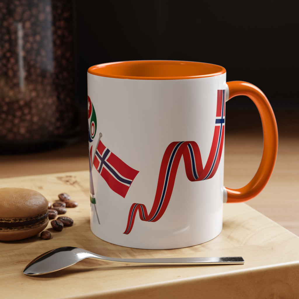 Norway Pride Coffee Mug — Norwegian Flag Ribbon & Cup Emblem Accent Mug