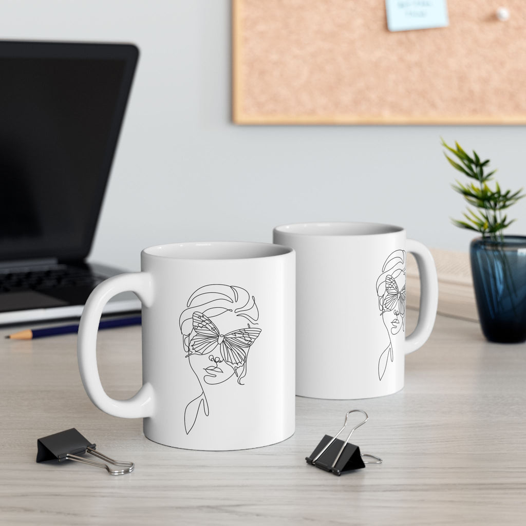 Butterfly Face Ceramic Mug (11oz/15oz) – Feminine Line Art Coffee Cup
