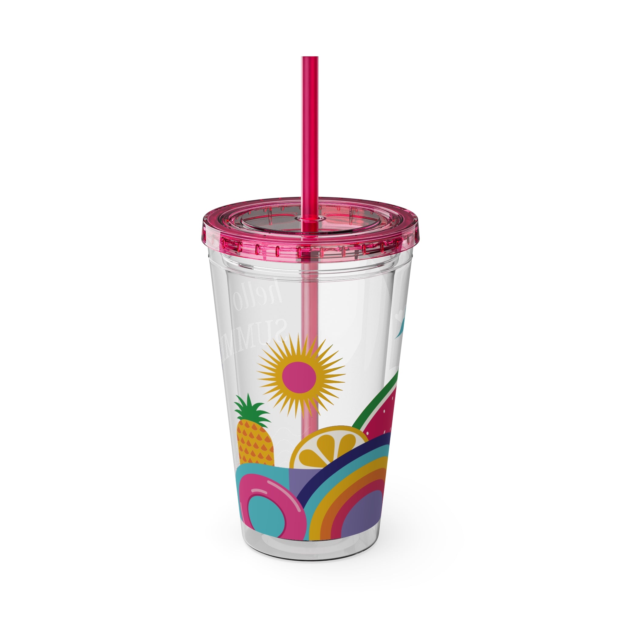 16oz Sunsplash Tumbler with Straw — "Hello Summer" Colorful Beach Vibes