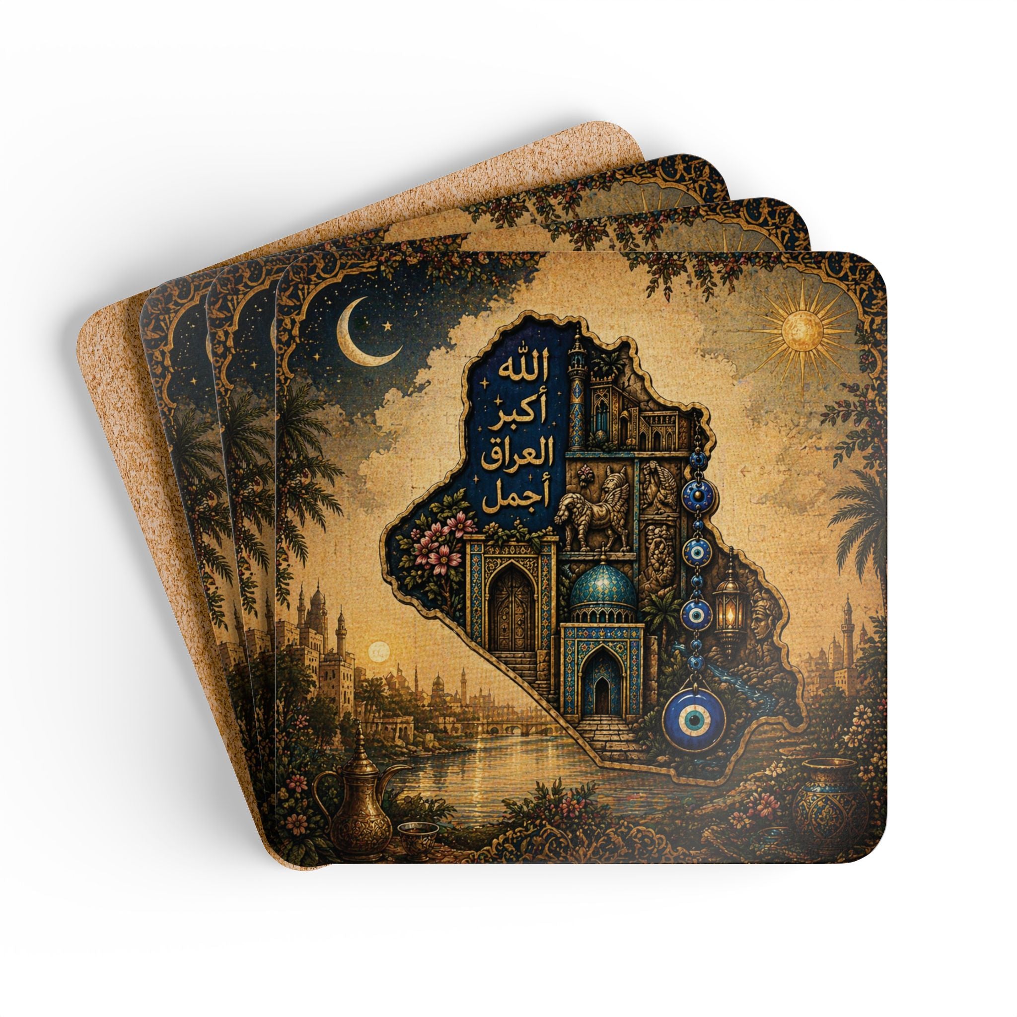 Iraq Map Corkwood Coaster Set — Vintage Islamic Calligraphy & Nazar Charm Drink Coasters