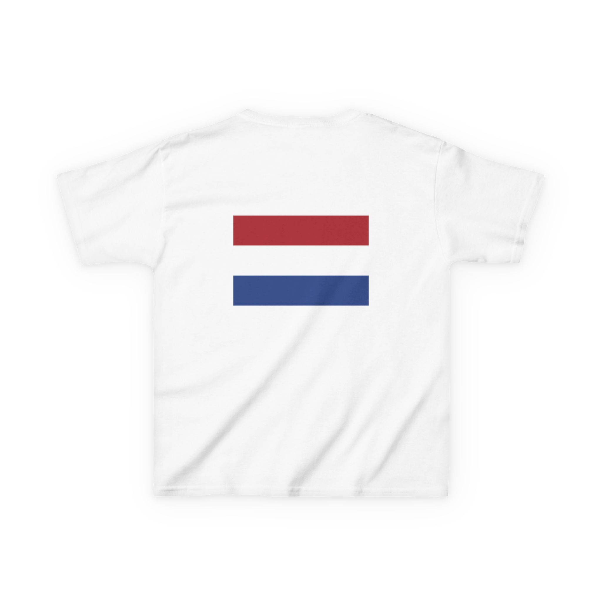 Netherlands Kids T-Shirt — Netherlands 2026 Lion Crest with Dutch Flag Back