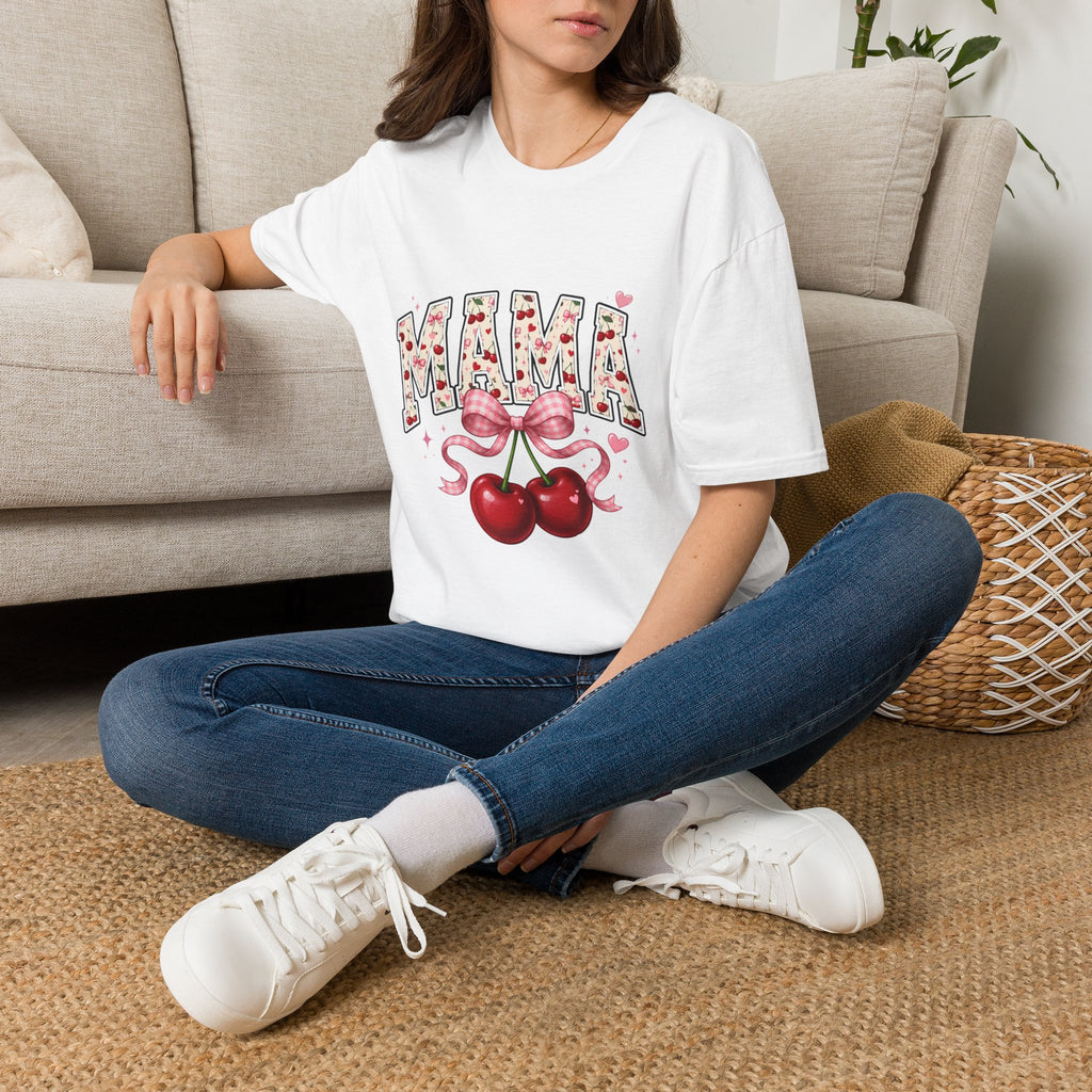 Mama Floral Cherry T‑Shirt — Cute Mama Typography with Bow