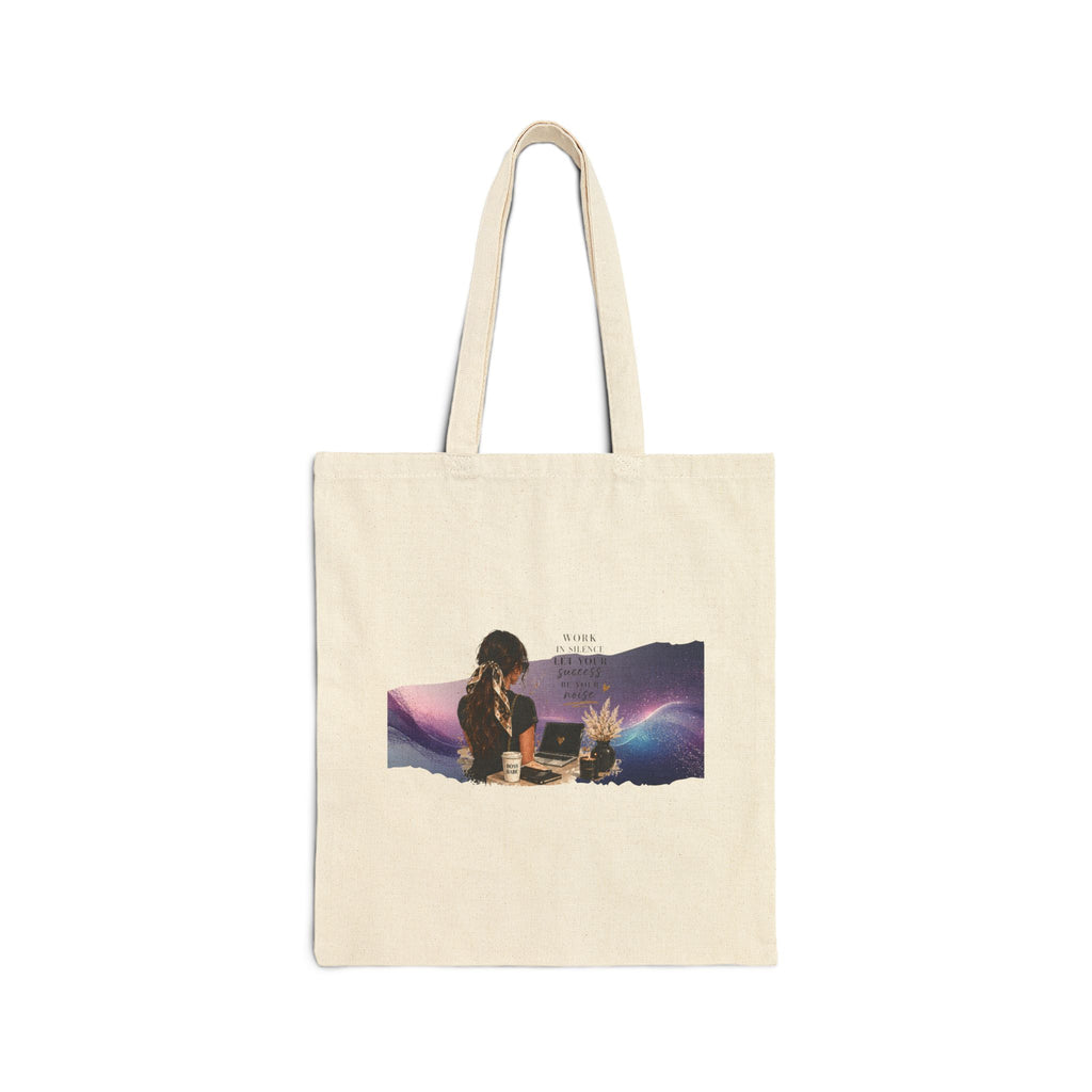Cosmic Coffee Tote Bag — Retro Woman, Laptop & Sunrise Canvas Tote