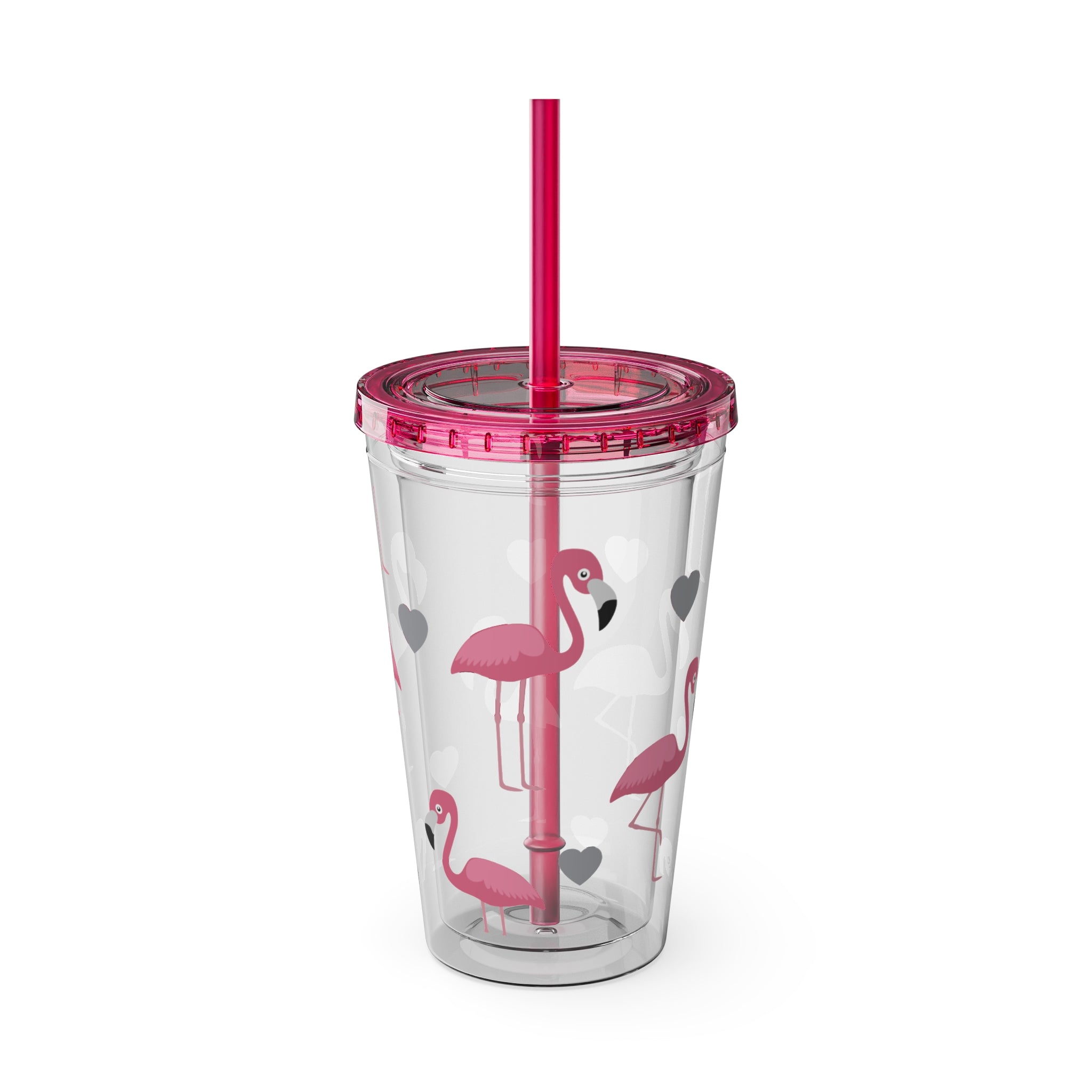 Flamingo Heart 16oz Tumbler with Straw — Cute Pink Flamingo Drink Cup