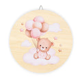 Round Wooden Nursery Sign — Pink Teddy Bear on Cloud with Balloons