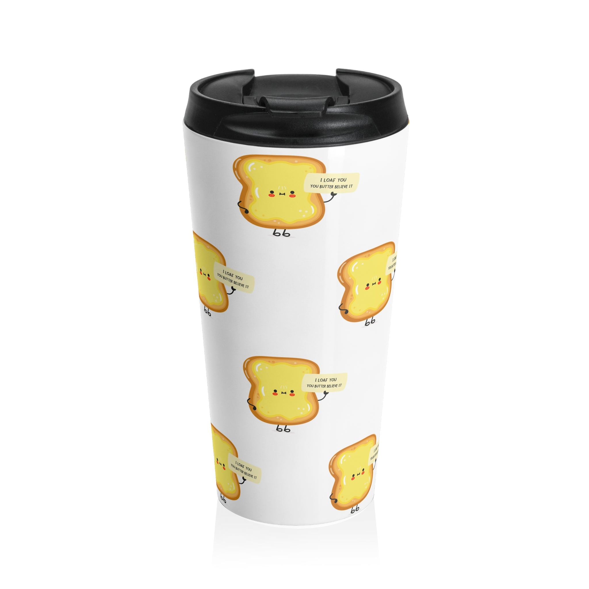 Cute Toast Stainless Steel Travel Mug — Kawaii Bread Pattern, "I Love You A Lottle" Coffee Tumbler