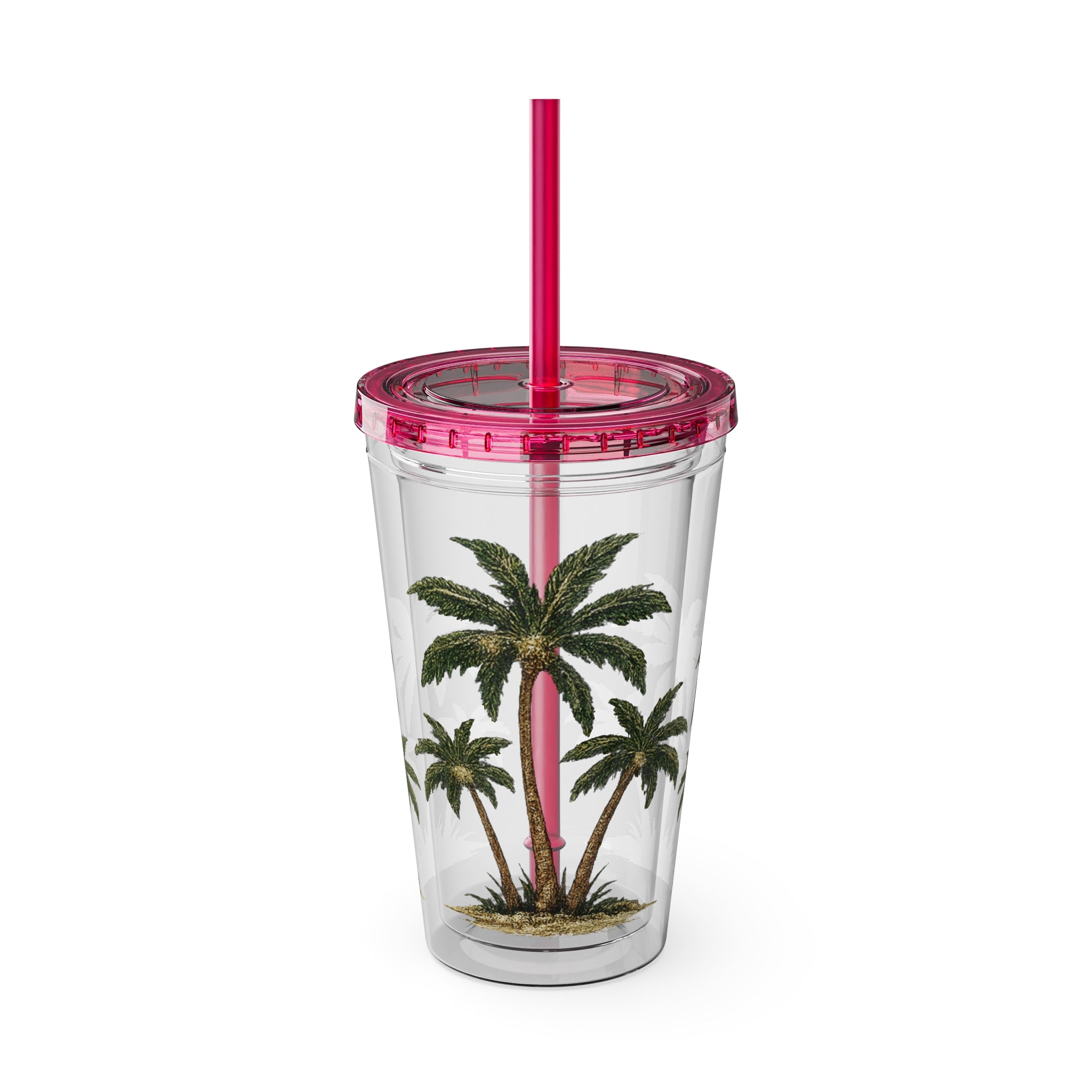 Palm Tree Tumbler — 16oz Clear Travel Cup with Straw, Tropical Sunsplash Design