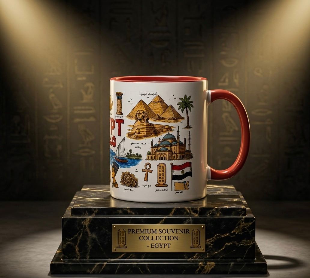 Egypt Landmarks Coffee Mug — Vintage Egyptian Icons & Arabic 'Egypt' Design (11oz)
