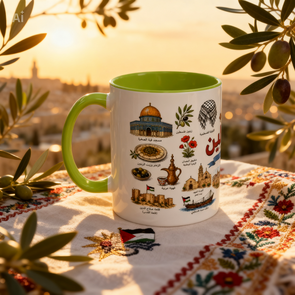 Palestine Landmark Accent Coffee Mug — Arabic Calligraphy & Cultural Icons (11oz)