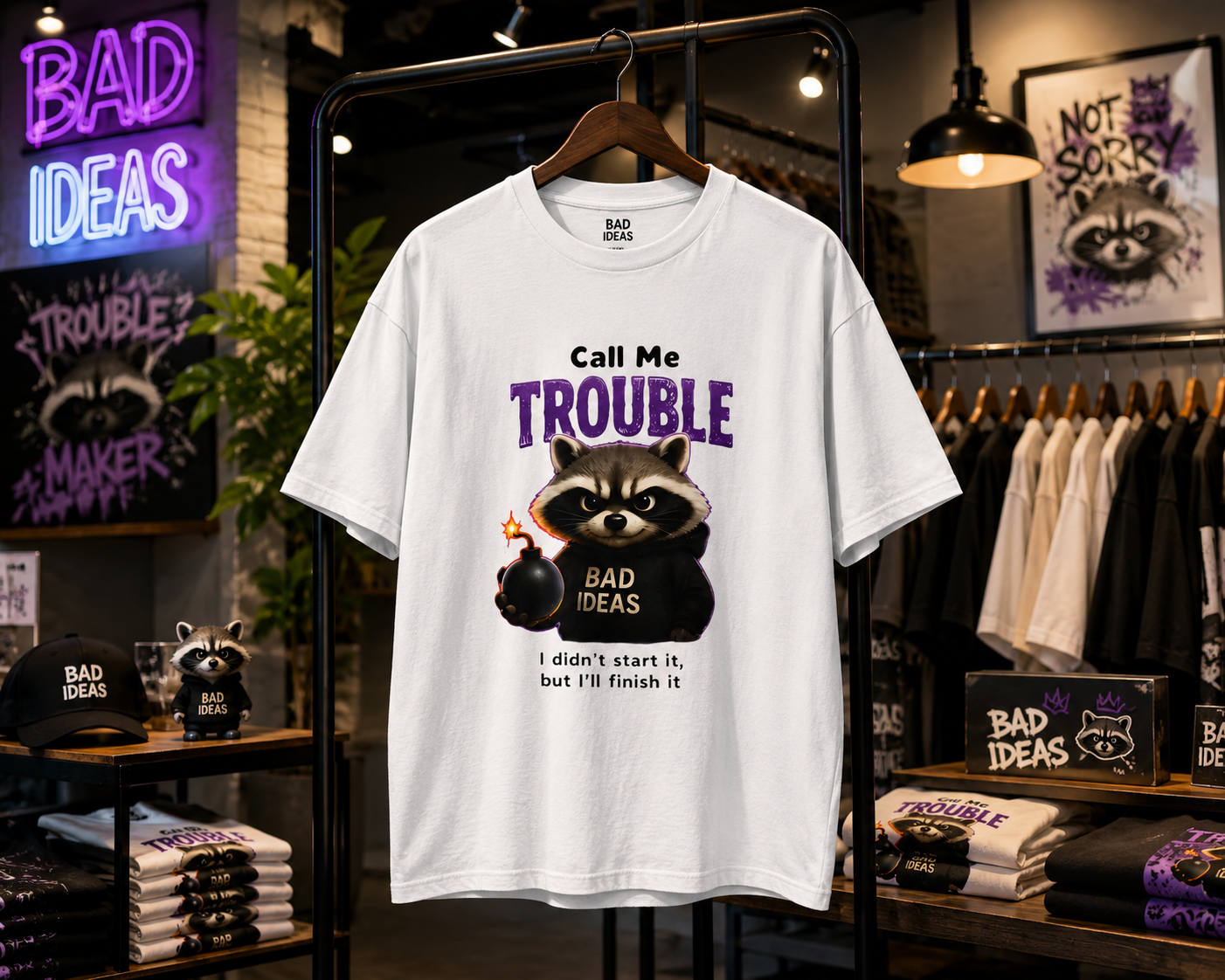 Call Me Trouble Raccoon unisex T-Shirt — Funny 'Bad Ideas' Graphic Tee