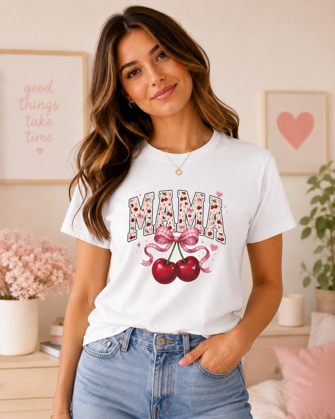 Mama Floral Cherry T‑Shirt — Cute Mama Typography with Bow