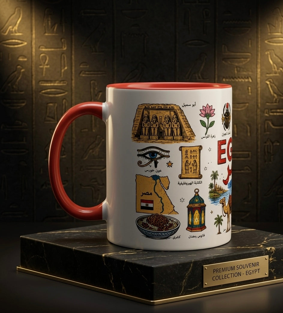 Egypt Landmarks Coffee Mug — Vintage Egyptian Icons & Arabic 'Egypt' Design (11oz)