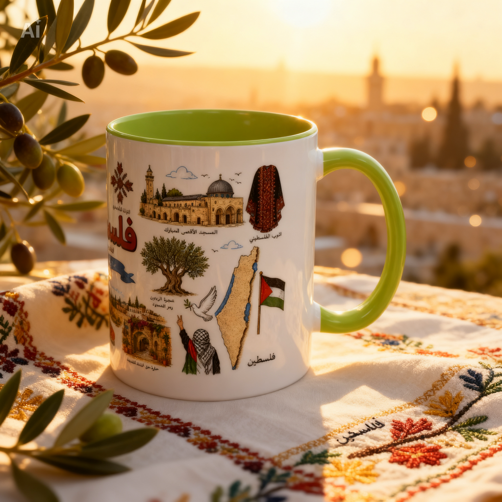 Palestine Landmark Accent Coffee Mug — Arabic Calligraphy & Cultural Icons (11oz)