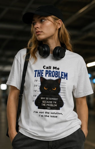 Cat Mugshot  unisex T-Shirt — "Call Me The Problem" Funny Black Cat Graphic Tee