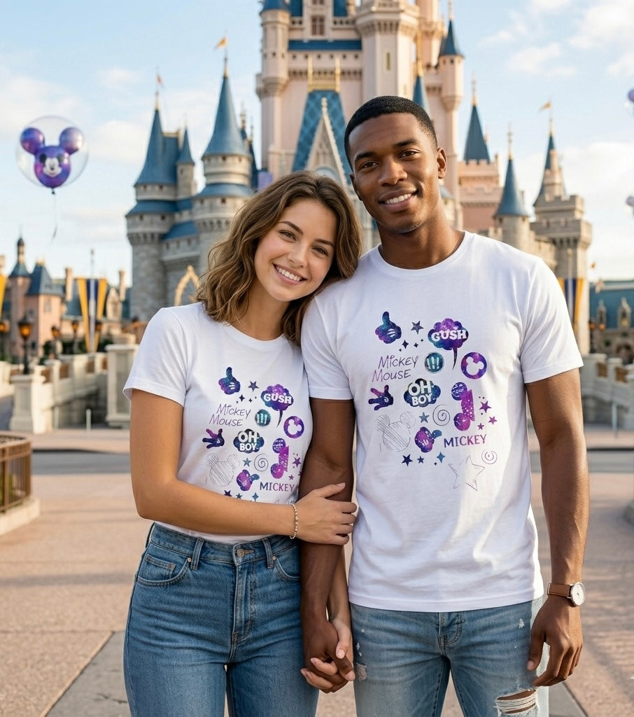 Mickey Mouse Galaxy Sticker Collage Unisex T‑Shirt — 'Oh Boy' Purple Space Graphic Tee