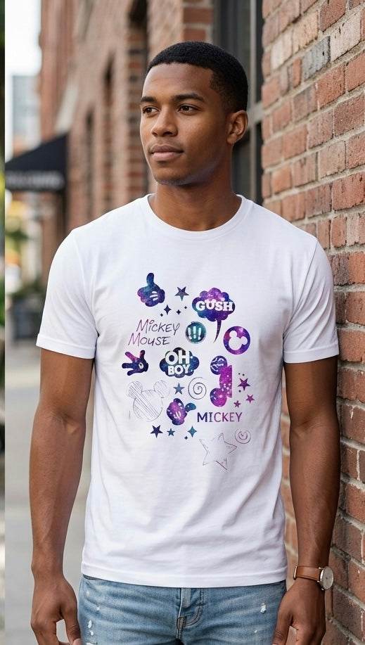 Mickey Mouse Galaxy Sticker Collage Unisex T‑Shirt — 'Oh Boy' Purple Space Graphic Tee