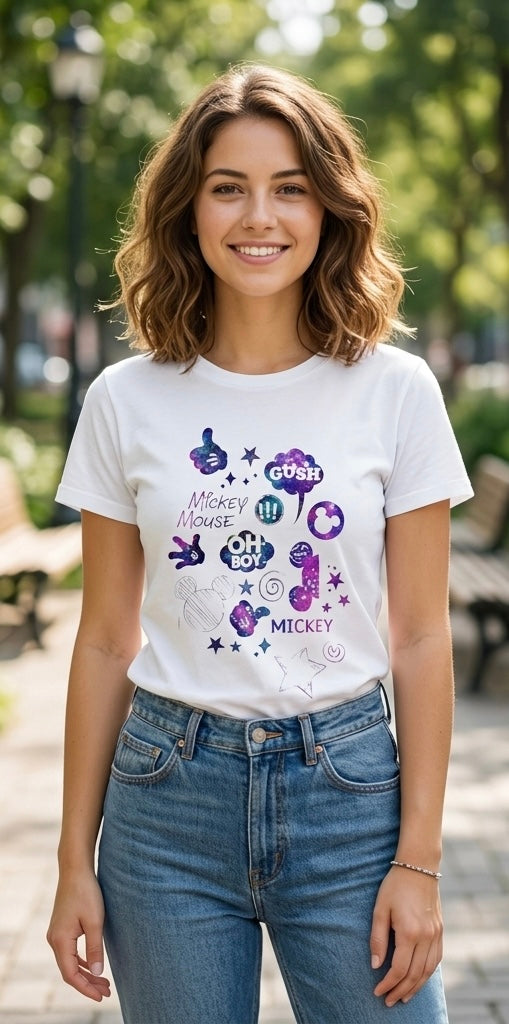 Mickey Mouse Galaxy Sticker Collage Unisex T‑Shirt — 'Oh Boy' Purple Space Graphic Tee