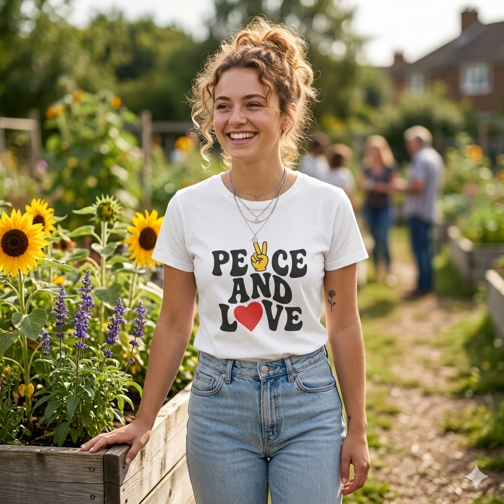 Peace and Love Women's Tee — Retro Heart & Peace Sign Graphic